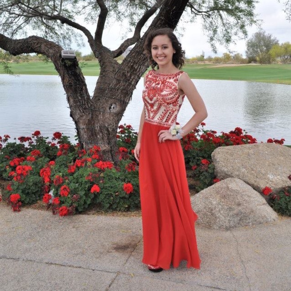 Full-Length Red Beaded Chiffon Gown